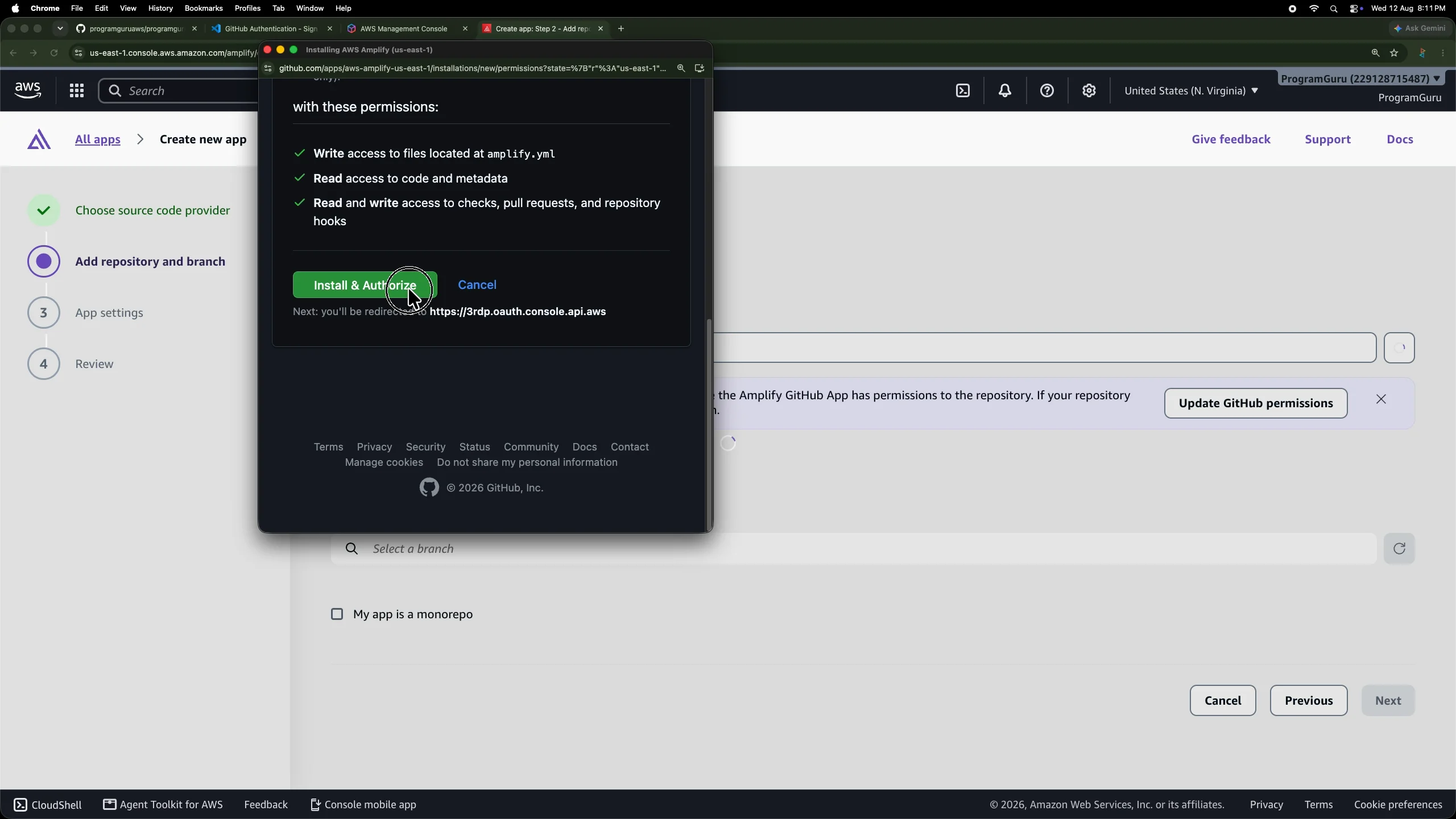 Installing and authorizing the AWS Amplify GitHub application