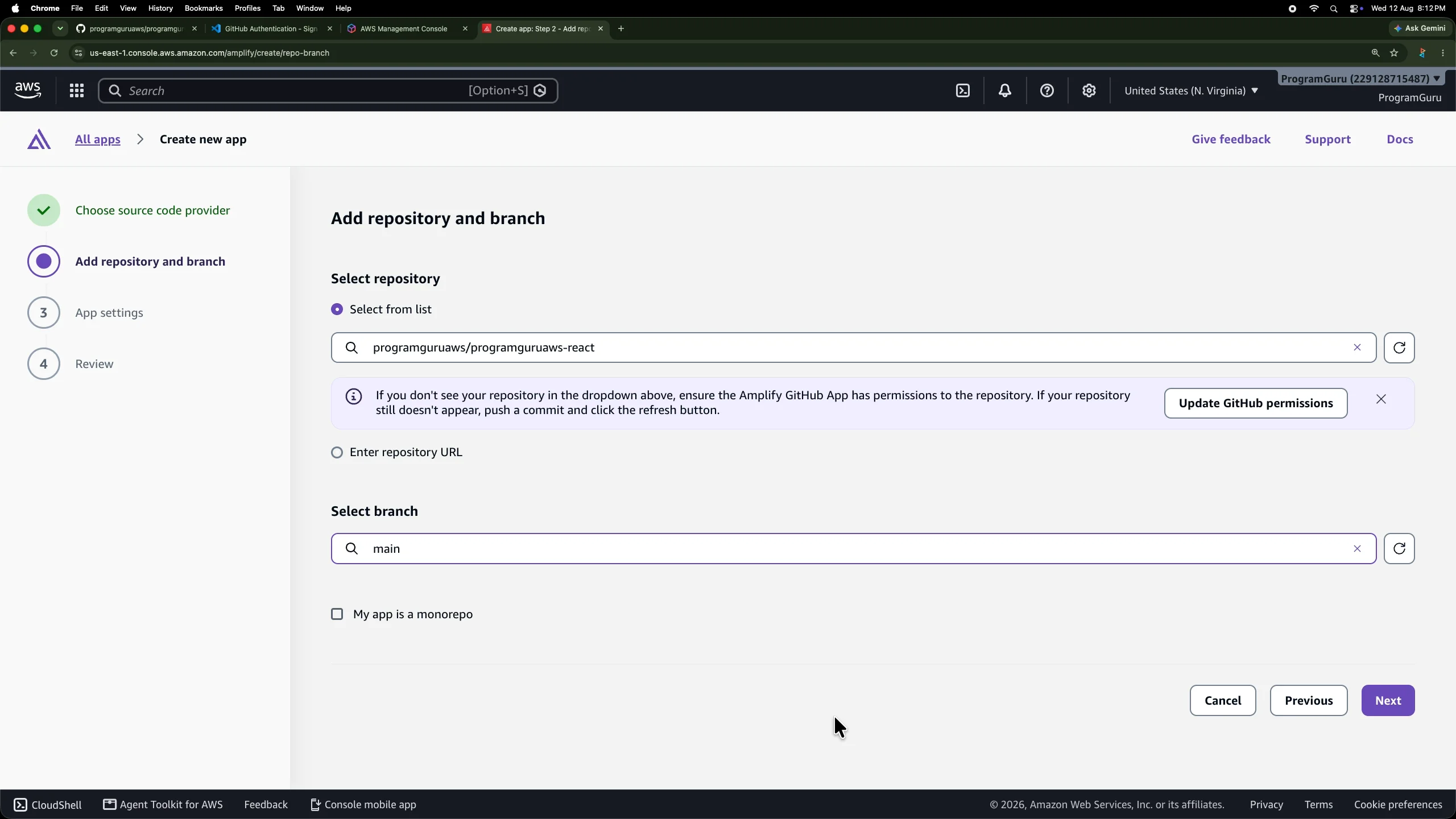 Selecting the programguruaws-react repository and main branch in AWS Amplify