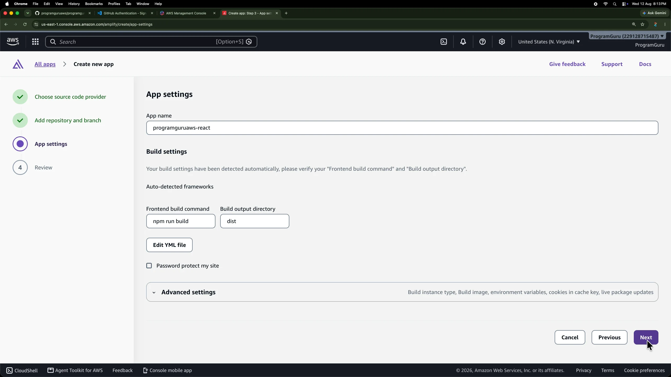 AWS Amplify build settings showing npm run build and dist