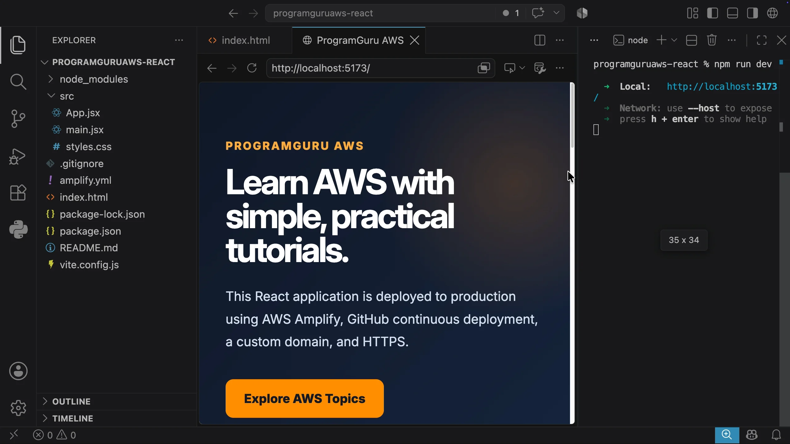React application running locally using the Vite development server