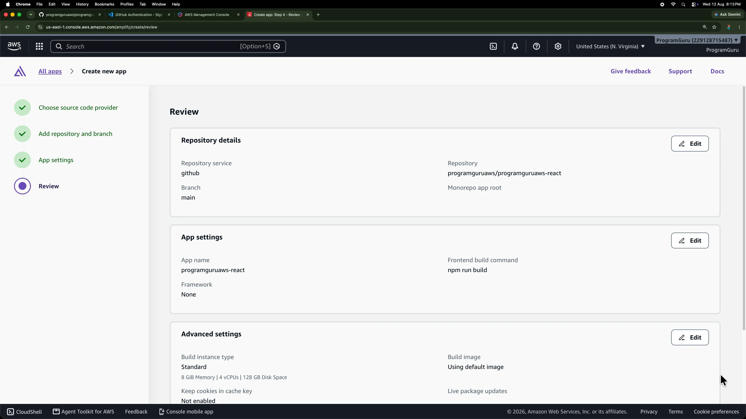 Reviewing the GitHub repository and React application settings in AWS Amplify