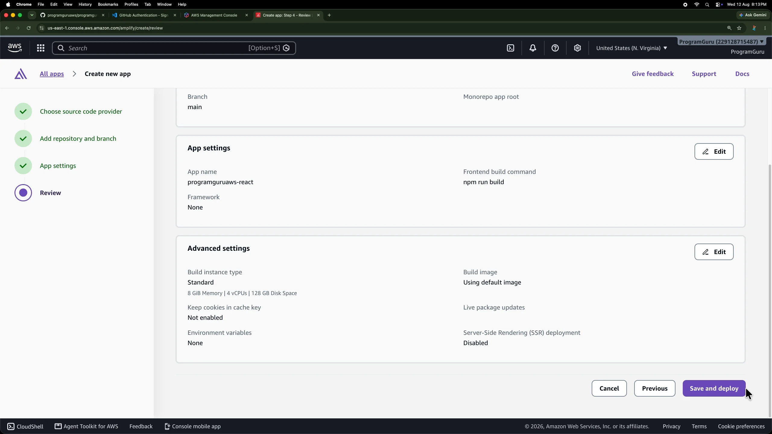 Final AWS Amplify review page before saving and deploying the React application