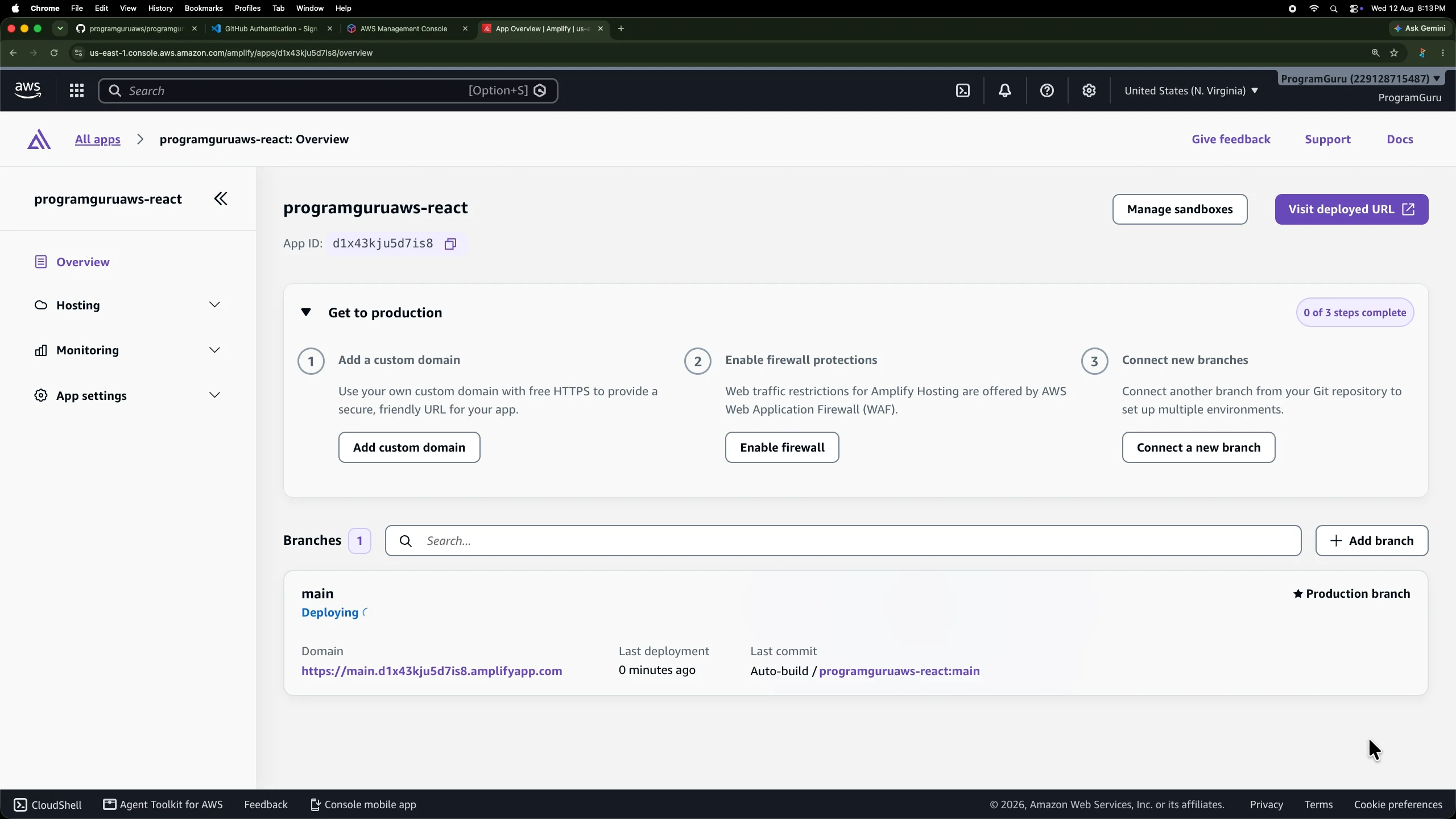 AWS Amplify application after configuring the production branch