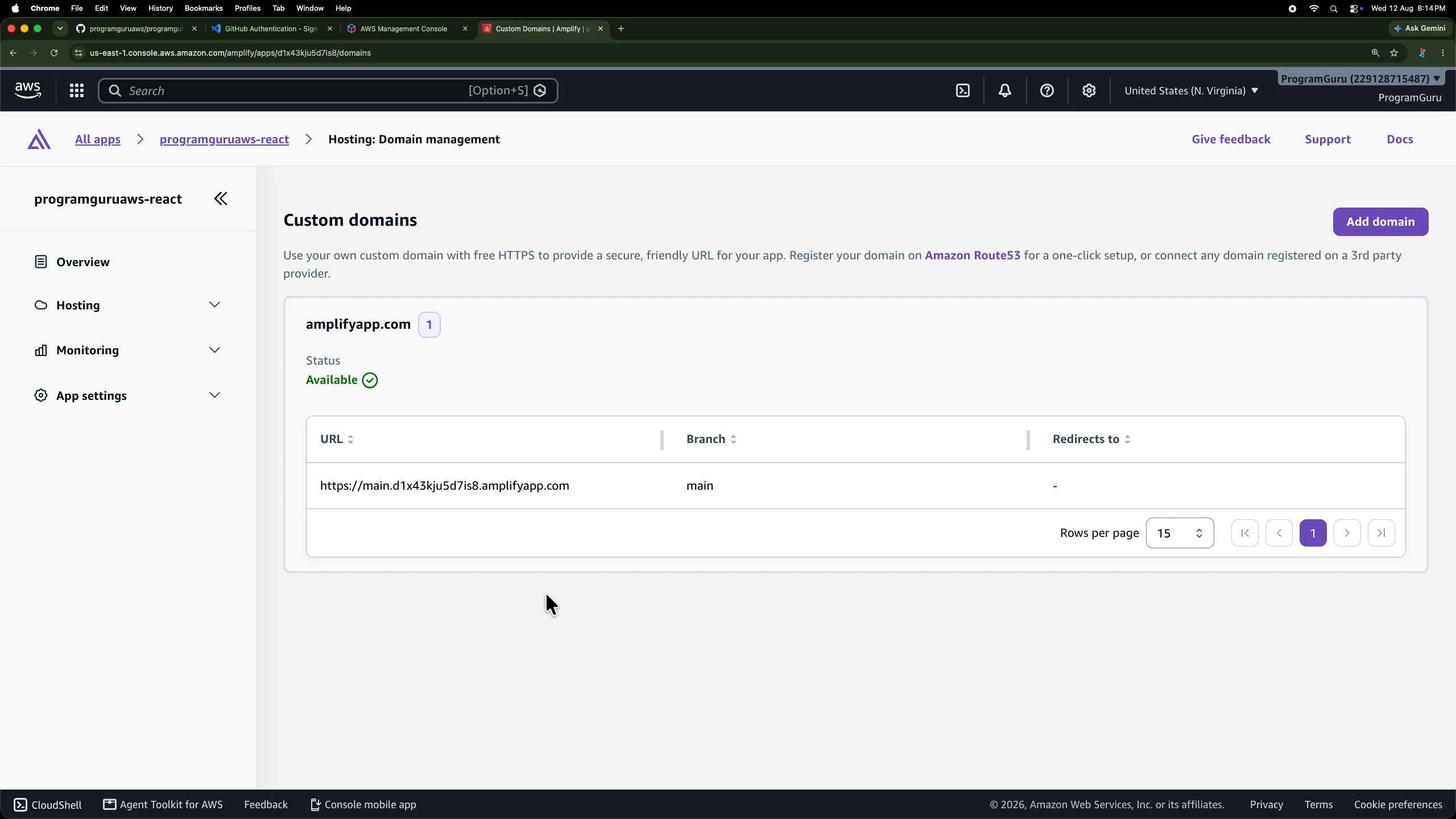 Custom domains page in AWS Amplify