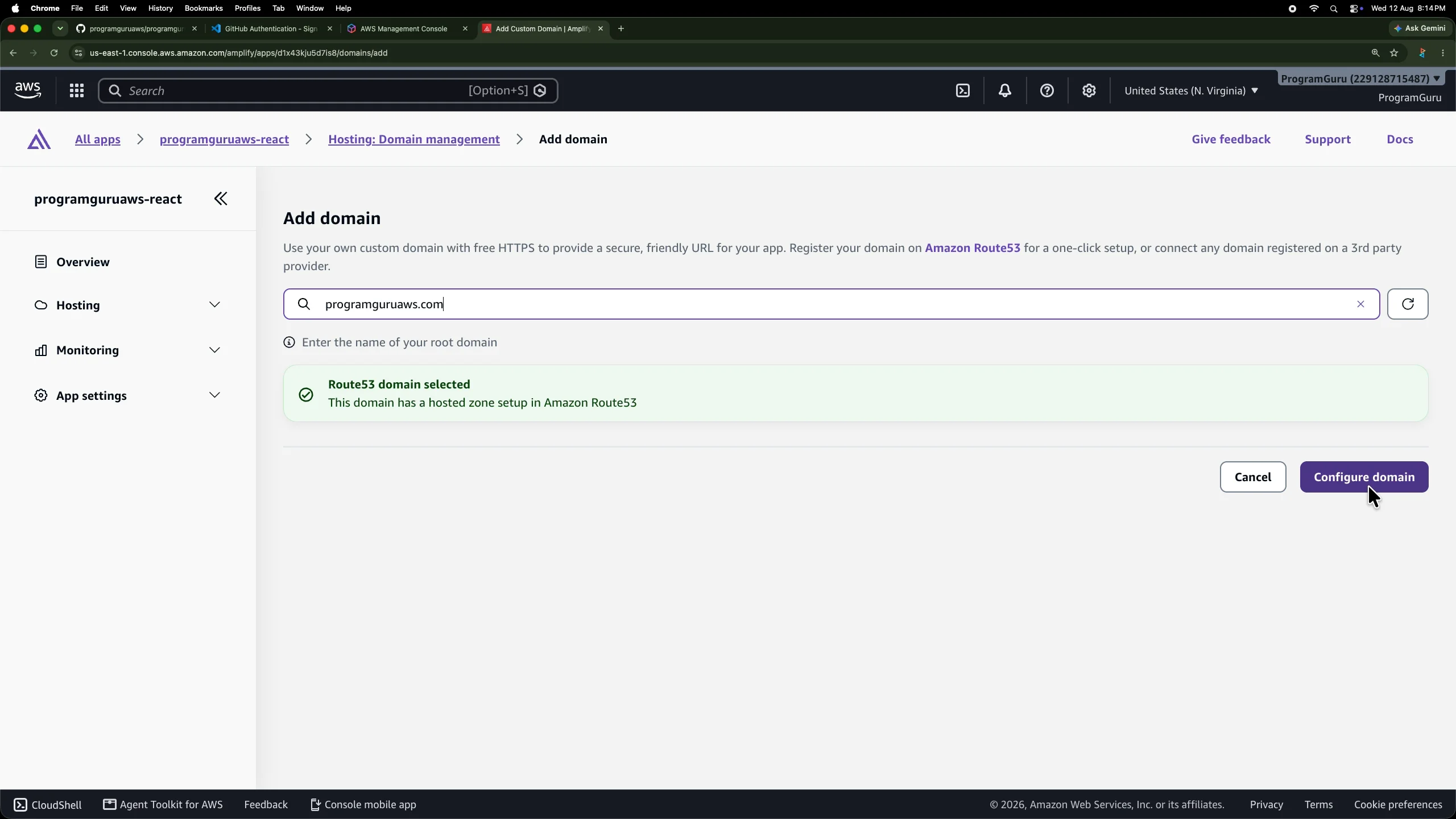 Adding programguruaws.com as a custom domain in AWS Amplify