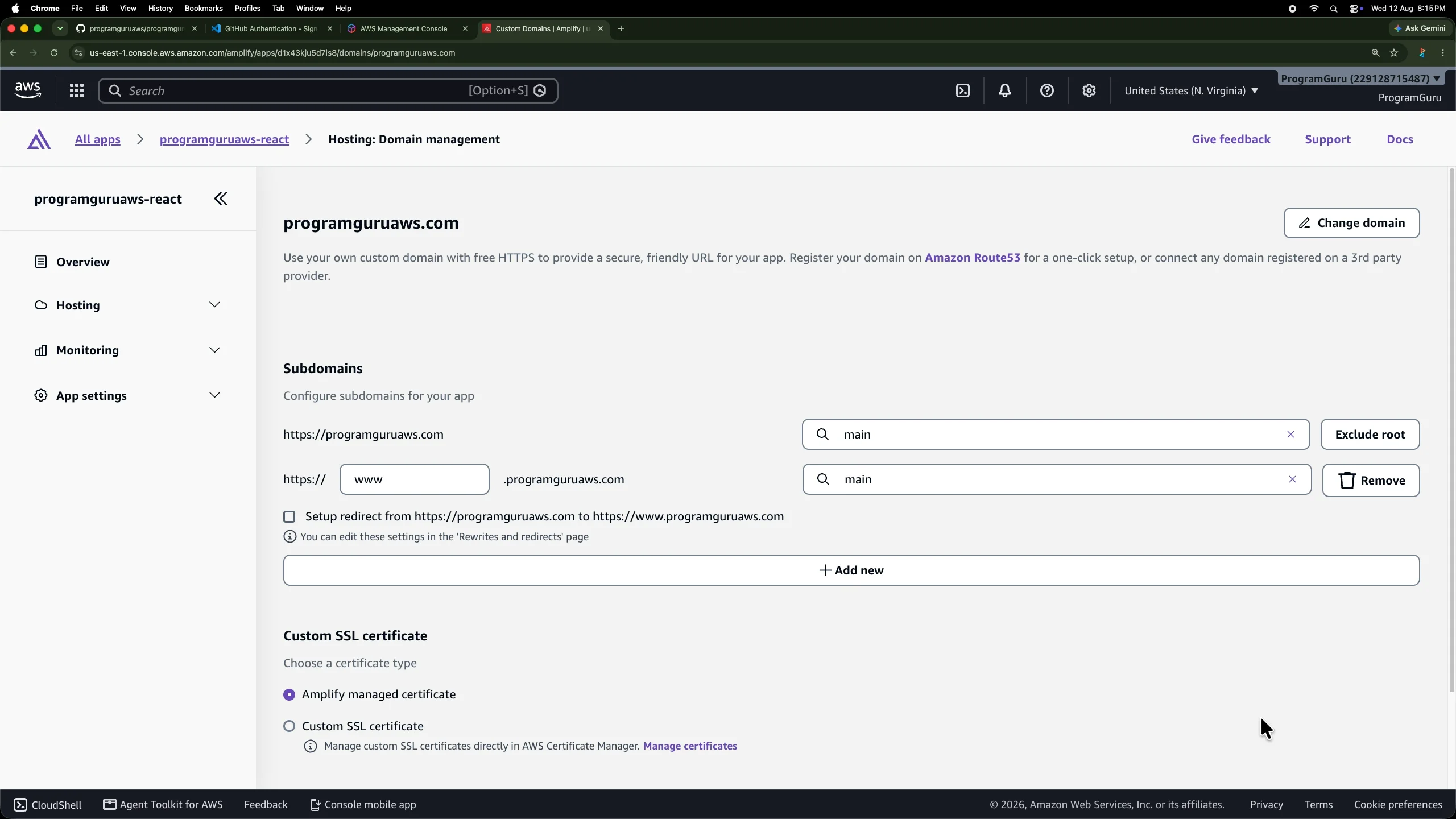 Configuring programguruaws.com and www.programguruaws.com in AWS Amplify