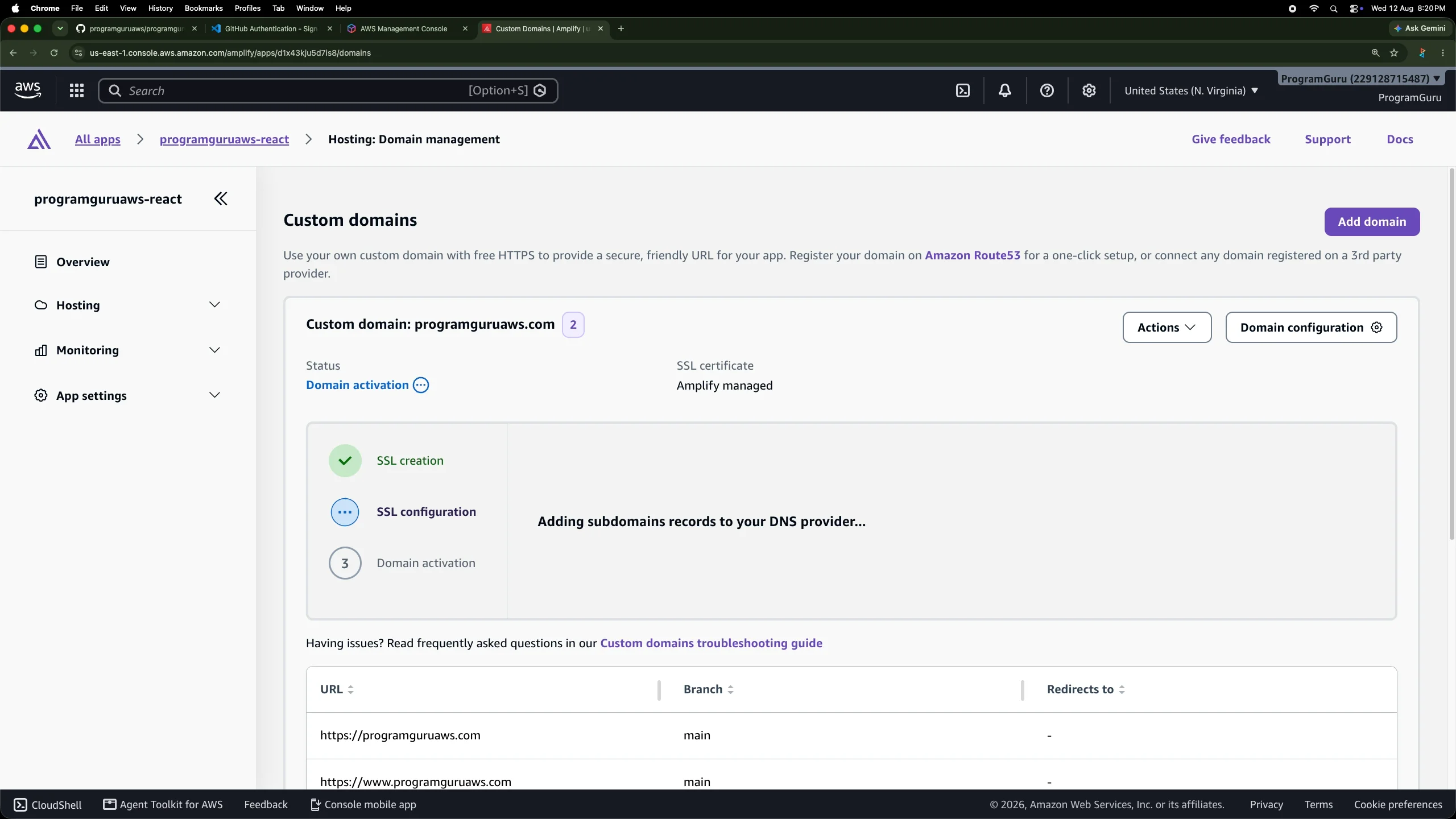 AWS Amplify creating SSL configuration and adding DNS records