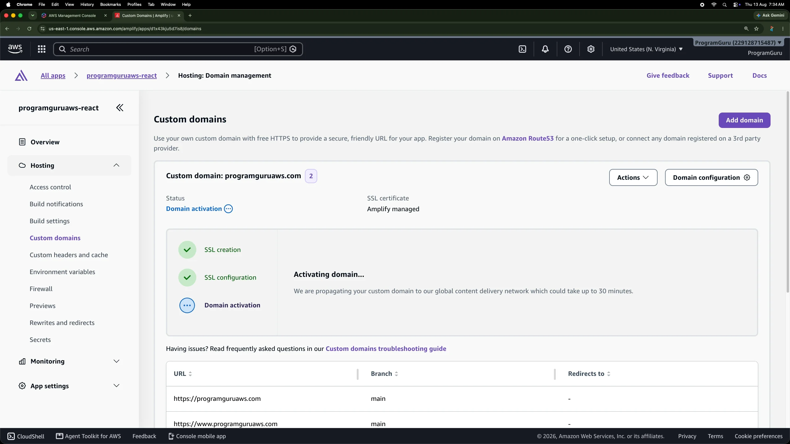 AWS Amplify activating the programguruaws.com custom domain