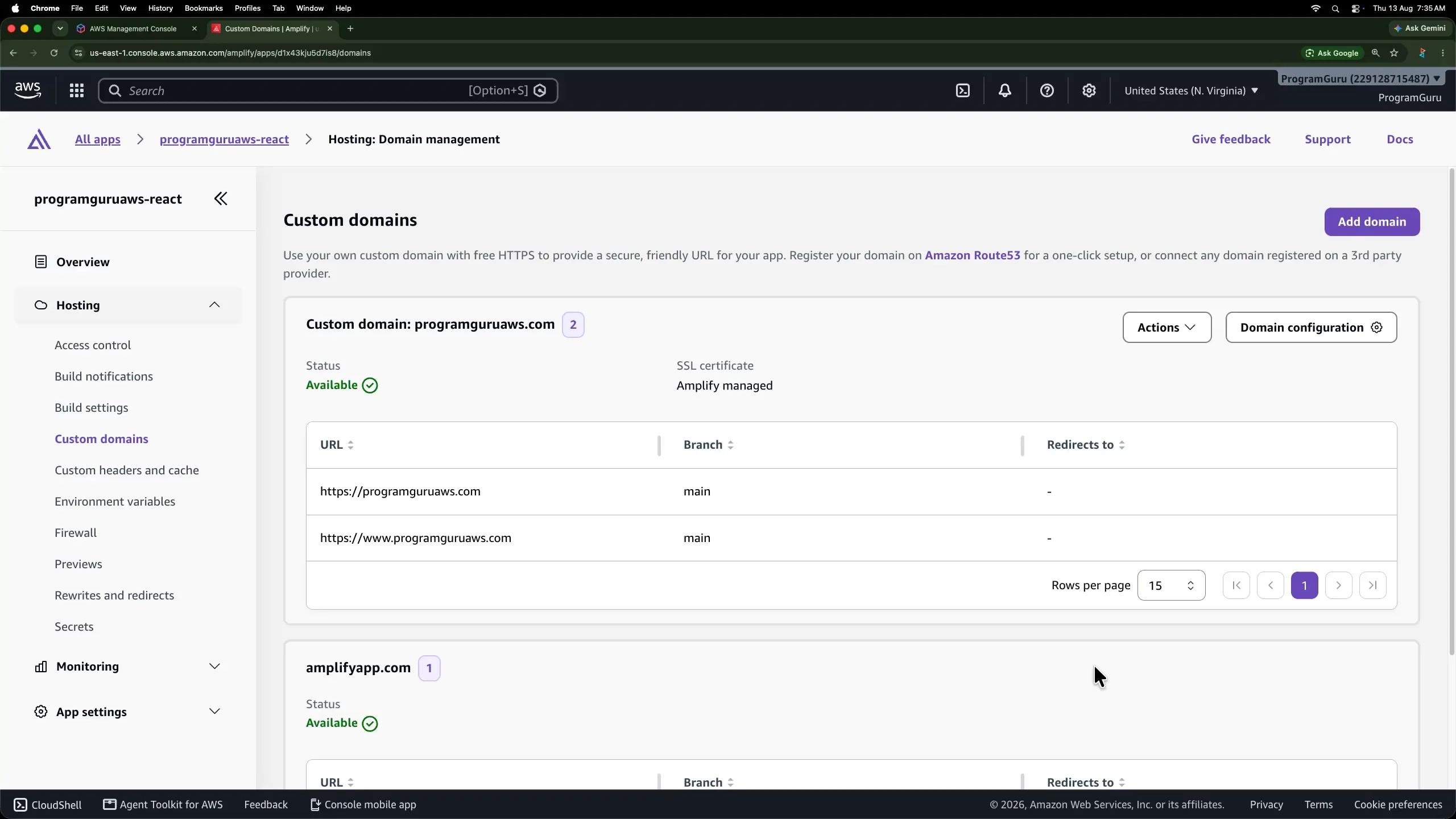 programguruaws.com successfully configured and available in AWS Amplify