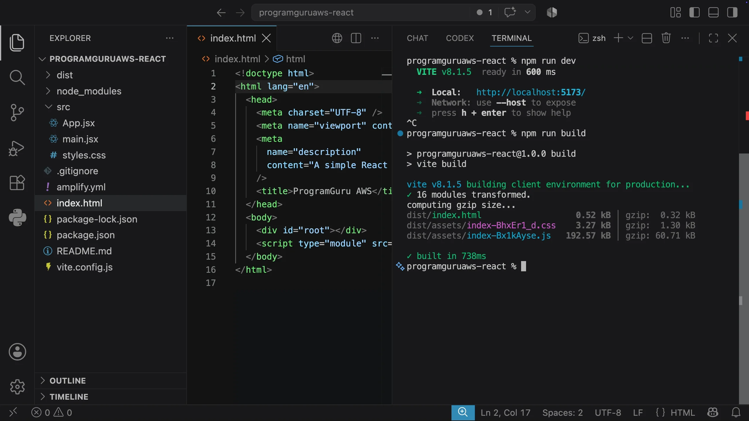 Creating a production build of the React application with npm run build