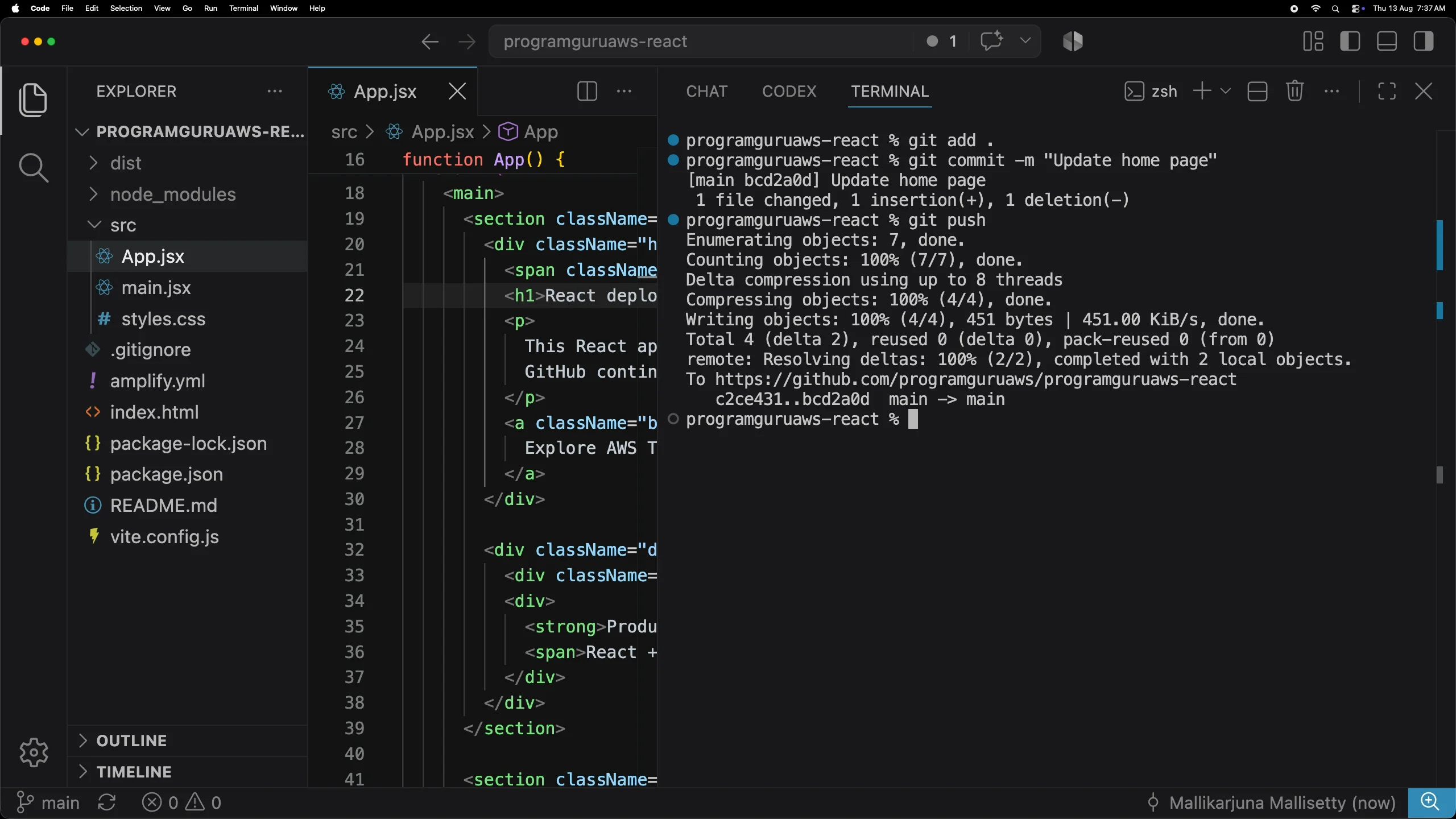 Pushing an updated React application commit to GitHub