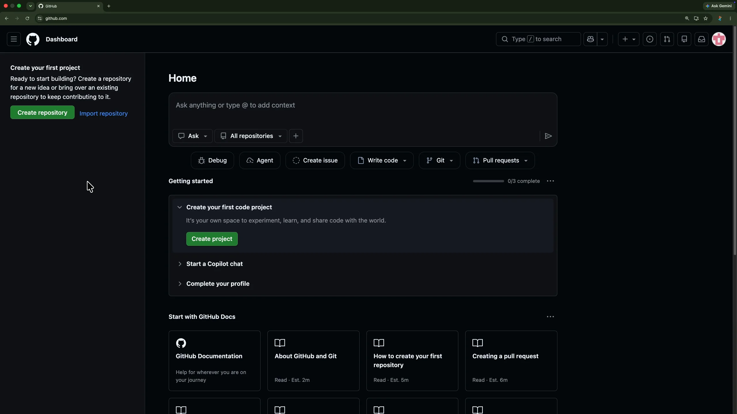 GitHub page before creating a repository for the React application