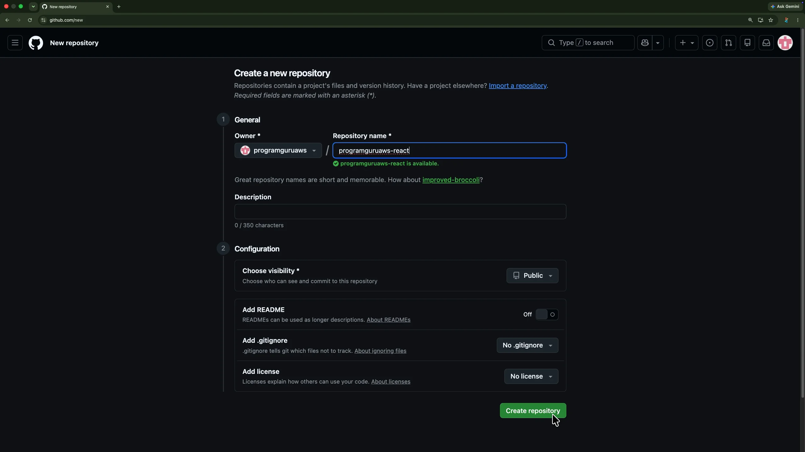 Creating the programguruaws-react GitHub repository