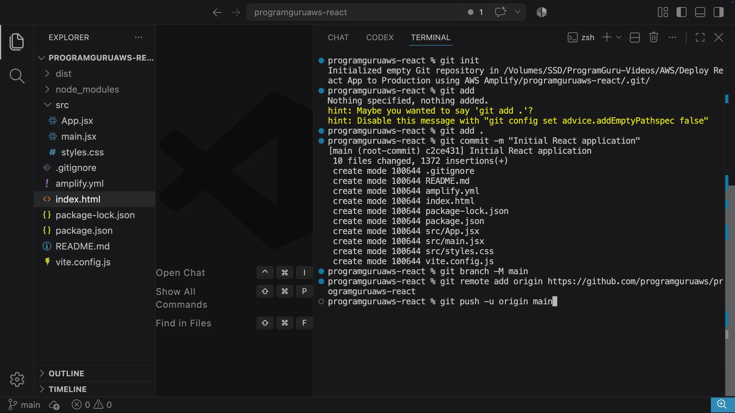 Git commands used to push the React project to GitHub