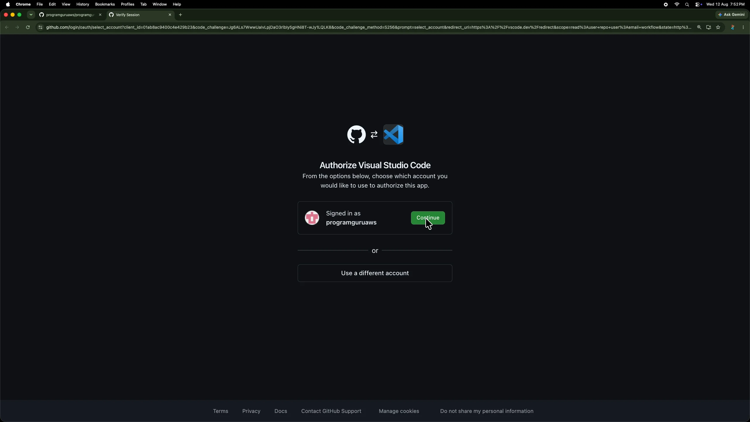 Selecting the GitHub account for Visual Studio Code authorization